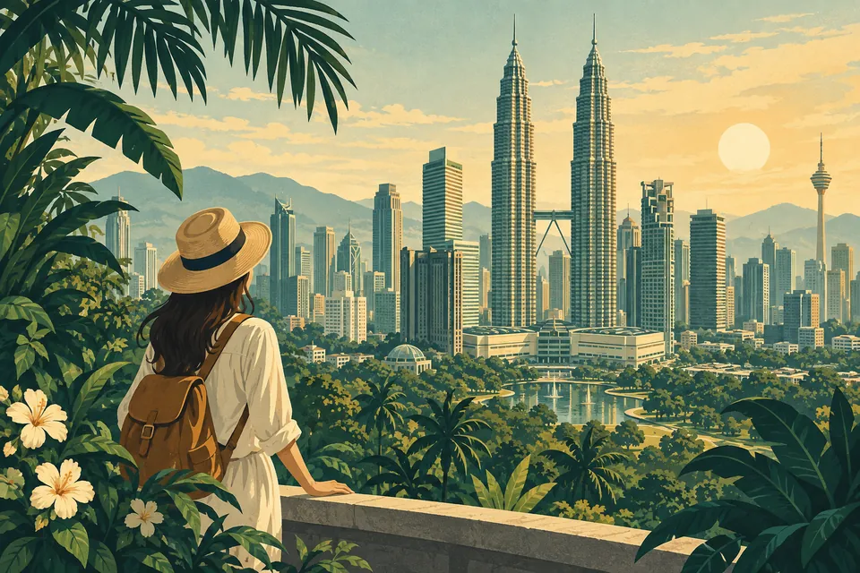 Illustration of a traveler overlooking Kuala Lumpur and the Petronas Towers